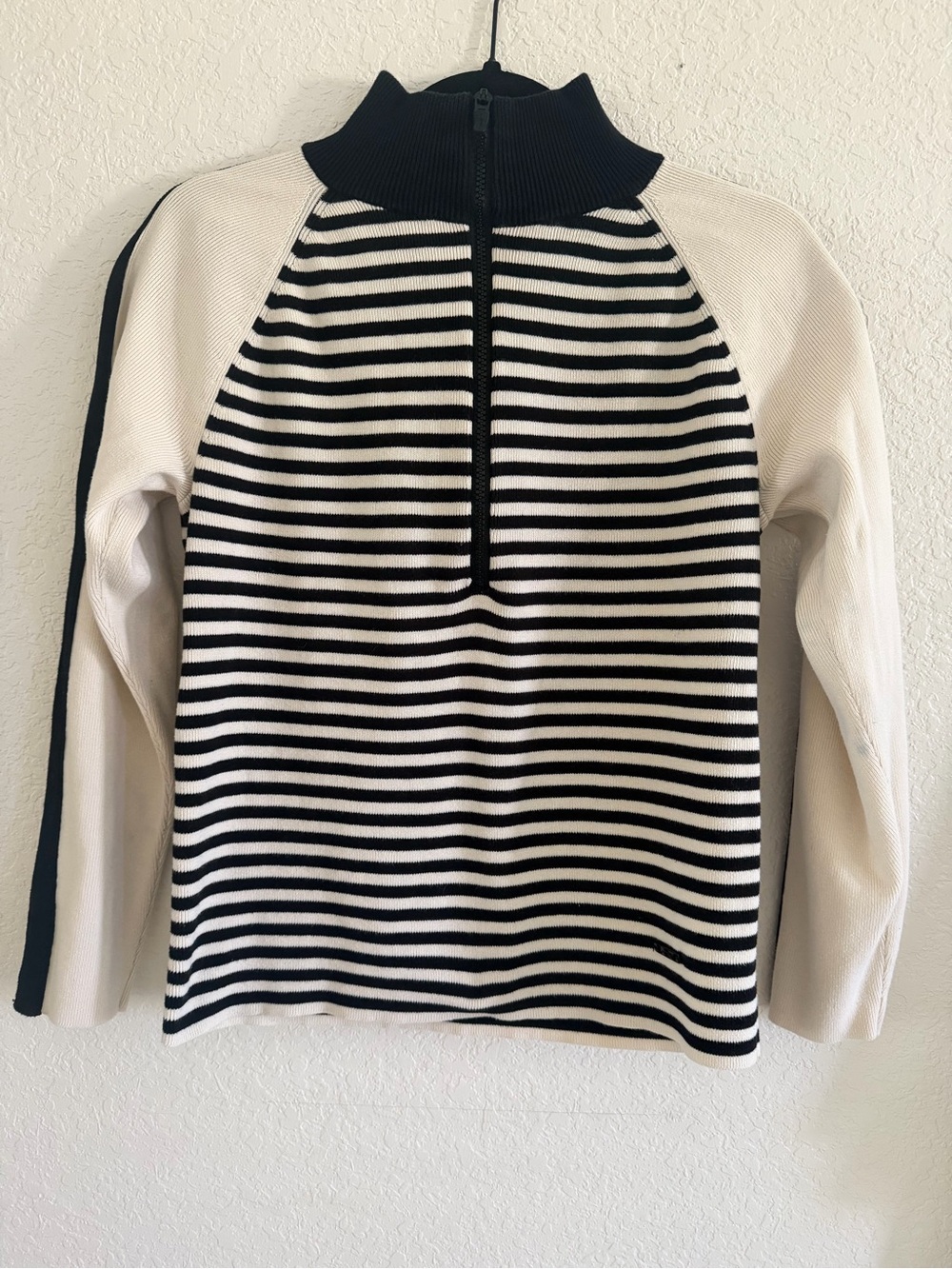 L-RL Lauren Active Black White Striped Quarter Zip Colorblock Pullover
